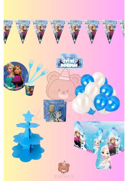 Frozen Karlar Ülkesi Temalı 24 Kişilik Doğum Günü Parti Seti -Karlar Ülkesi Elsa Konsepti Kek Standı