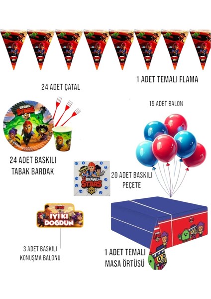 Brawl Stars Temalı Erkek Çocuk 24 Kişilik Doğum Günü Parti Seti - Brawl Stars Konsepti Parti Süsleri fiyatları