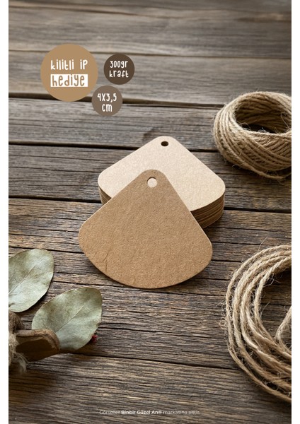 Baskısız Soft Üçgen Kraft Hediye Etiketi - 40 Adet - Kilitli Ip Hediyeli