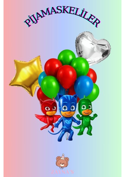 Pijamaskeliler Folyo Balon 3 Lü Karakter Baskılı Folyo Balon Seti Yıldız ve Kalpli