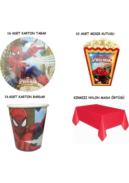 Örümcek Adam Spiderman Tabak Bardak Mısır Kutusu Masa Örtüsü Seti 16 Kişilik