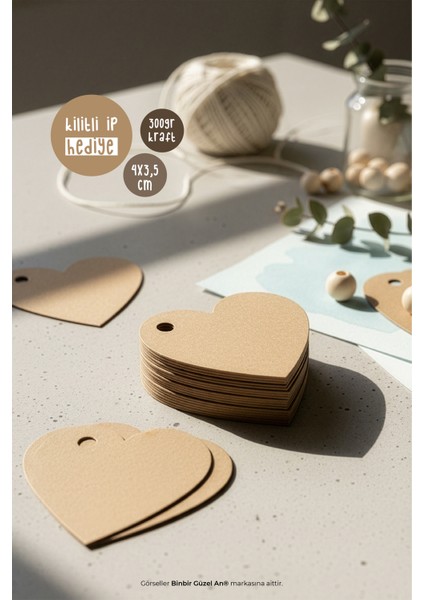 Baskısız Kalpli Kraft Hediye Etiketi - 40 Adet - Kilitli Ip Hediyeli