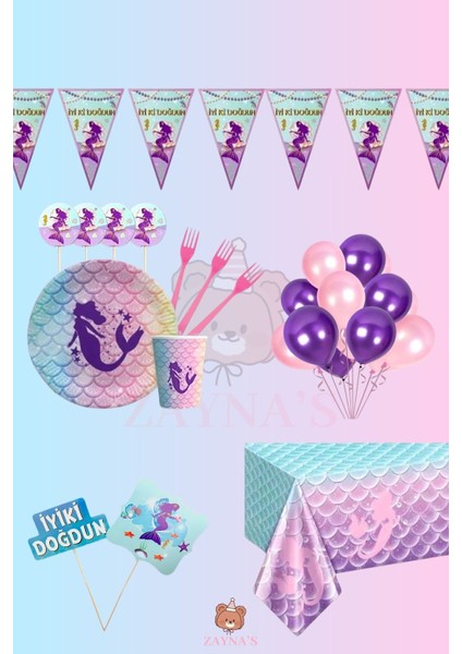 Deniz Kızı Temalı Kız Çocuk Konsept 32 Kişilikkonuşma Balonlu Set