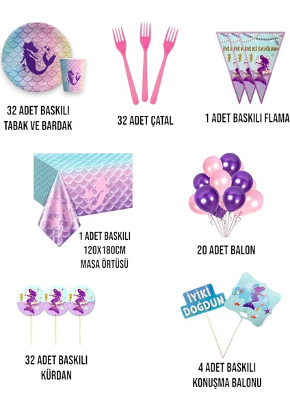 Deniz Kızı Temalı Kız Çocuk Konsept 32 Kişilikkonuşma Balonlu Set fiyatları