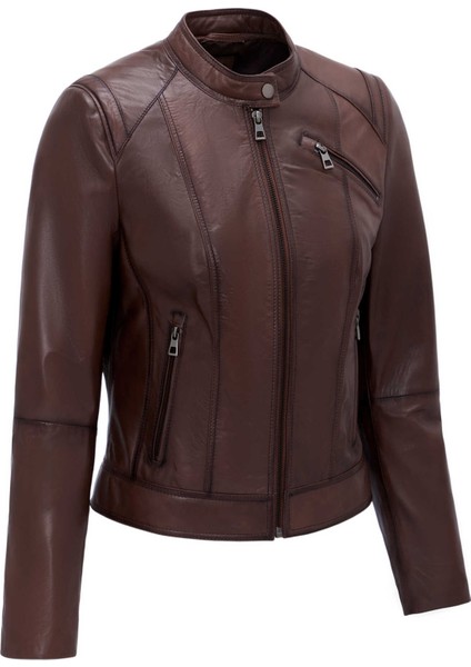 Kahve Hakiki Deri Kadın Hakiki Deri Biker Mont - K25GRJ320480-202