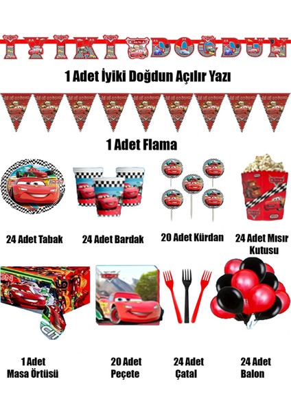 Arabalar 24 Kişilik Lüks Doğum Günü Parti Malzemeleri Seti fiyatları