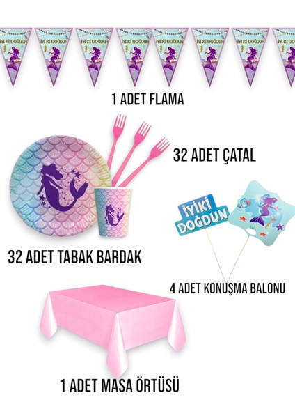 Deniz Kızı Temalı Kız Çocuk Ekomini Set 32 Kişilik Doğum Günü Parti Malzemeleri fiyatları