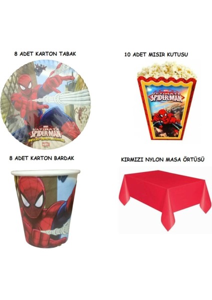 Örümcek Adam Spiderman Tabak Bardak Mısır Kutusu Masa Örtüsü Seti 8 Kişilik