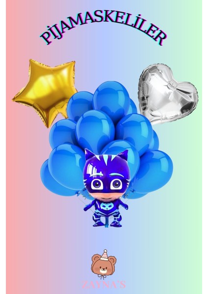 Pijamaskeliler Temalı Kedi Çocuk Baskılı Karakter Folyo Balon Seti Kalp ve Yıldızlı
