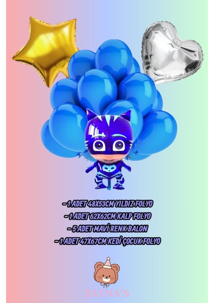 Pijamaskeliler Temalı Kedi Çocuk Baskılı Karakter Folyo Balon Seti Kalp ve Yıldızlı fiyatları