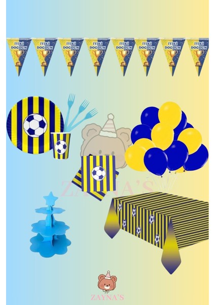 Taraftar Sarı Lacivert Taraftar 8 Kişilik Doğum Günü Parti Seti -Sarı Lacivert Konseptli Kek Standı