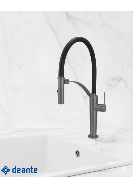 Corda BRC_D72M Çift Akışlı Elastik Spiralli Titanyum Mutfak Evye Bataryası | Manyetik Tutucu, Su Tasarruflu