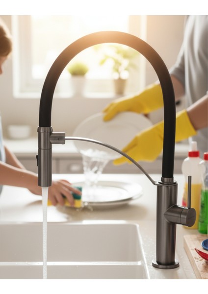 Corda BRC_D72M Çift Akışlı Elastik Spiralli Titanyum Mutfak Evye Bataryası | Manyetik Tutucu, Su Tasarruflu