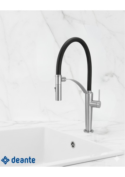 Corda BRC_F72M Çift Akışlı Elastik Spiralli Fırçalanmış Çelik Mutfak Evye Bataryas| Manyetik Tutucu, Sessiz kullanım ,Su Tasarrufu