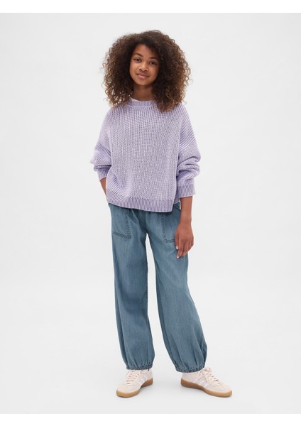 Kız Çocuk Mavi High Rise Denim Baggy Jogger Pantolon