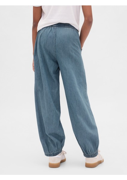 Kız Çocuk Mavi High Rise Denim Baggy Jogger Pantolon modelleri