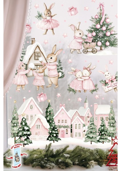 Pembe Yılbaşı Tavşan Köyü Cam Sticker Seti – Çift Taraflı Baskı | Büyük Boy Ev & Çocuk Odası Süsleme