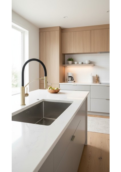 Corda BRC_R72M Çift Akışlı Elastik Spiralli Altın Mutfak Evye Bataryası | Bal Peteği Aeratör, sessiz kullanım modelleri