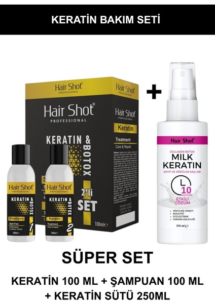 Keratin Bakım Seti (Keratin 100ML + Şampuan 100ML + Keratin Sütü 250ML)