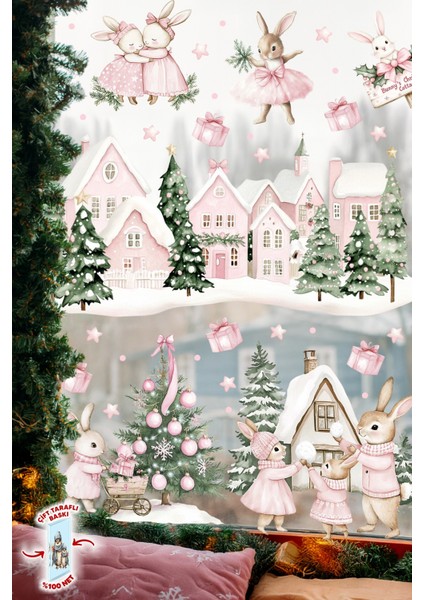 Pembe Yılbaşı Tavşan Köyü Cam Sticker Seti – Çift Taraflı Baskı | Büyük Boy Ev & Çocuk Odası Süsleme fiyatları