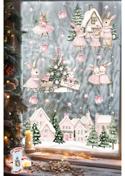 Pembe Yılbaşı Tavşan Köyü Cam Sticker Seti – Çift Taraflı Baskı | Büyük Boy Ev & Çocuk Odası Süsleme modelleri