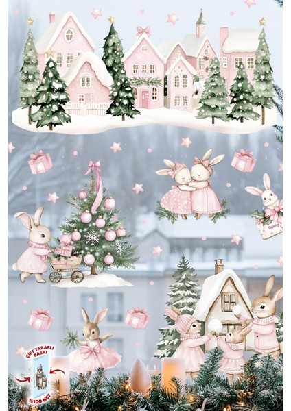 Pembe Yılbaşı Tavşan Köyü Cam Sticker Seti – Çift Taraflı Baskı | Büyük Boy Ev & Çocuk Odası Süsleme fırsatları