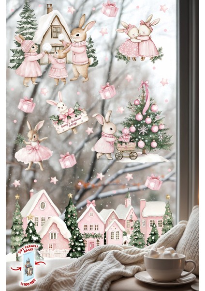 Pembe Yılbaşı Tavşan Köyü Cam Sticker Seti – Çift Taraflı Baskı | Büyük Boy Ev & Çocuk Odası Süsleme indirimleri