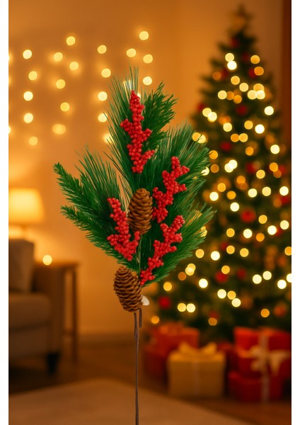 Yılbaşı Yapay Dal – Kırmızı Meyveli Kokina Çam Yapraklı Kozalaklı Dekoratif Süs