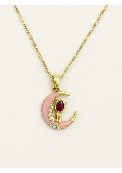 Altın Rengi Mineli Pembe Ay Figürlü, Kedi ve Yakut Rengi Taş Detaylı Kolye