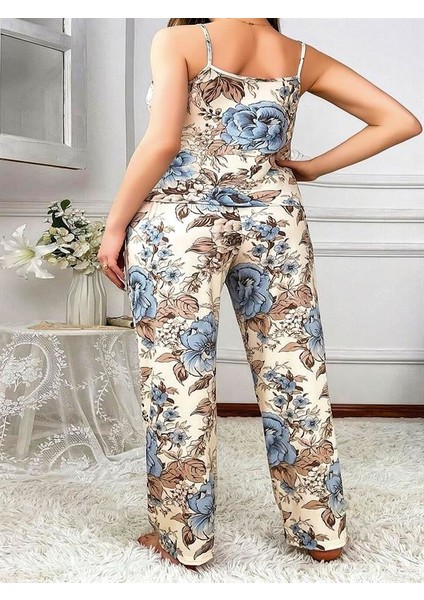 Büyük Beden Mavi Çiçek Desenli Ince Askılı 2'li Saten Pijama AX25964 fiyatları