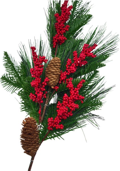 Yılbaşı Yapay Dal – Kırmızı Meyveli Kokina Çam Yapraklı Kozalaklı Dekoratif Süs modelleri