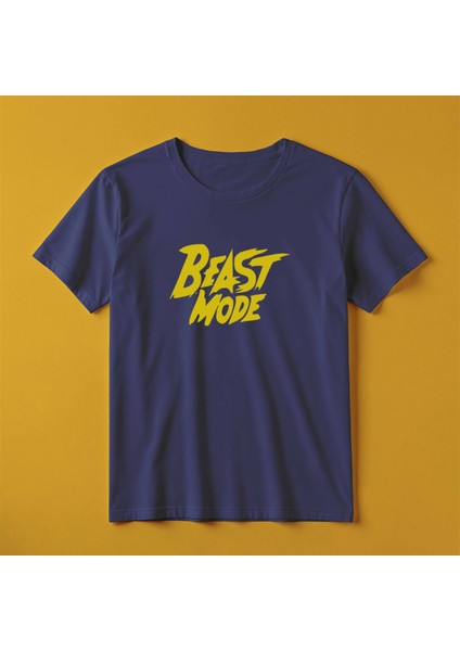 Beast Mode Baskılı %100 Pamuk Süprem Tişört - Lacivert Bisiklet Yaka T-Shirt