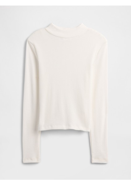 Kız Çocuk Beyaz Ribana Mockneck T-Shirt