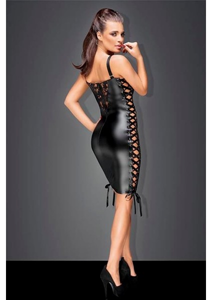 Siyah Dantel Işlemeli Fantezi Deri Elbise AX25548 fiyatları