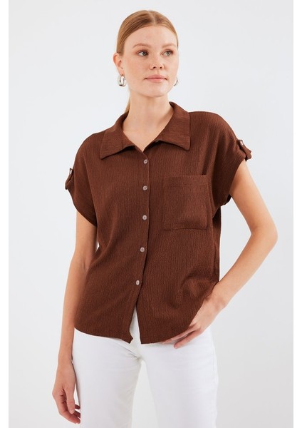 20256 Manşetli Double Kısa Kollu Gömlek - Kahverengi