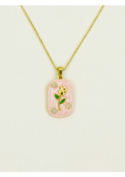 Altın Rengi Zincirde Mineli Pembe Plaka Üzeri Gül ve Zirkon Taş Detaylı Kolye
