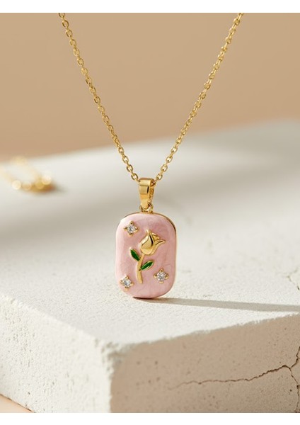 Altın Rengi Zincirde Mineli Pembe Plaka Üzeri Gül ve Zirkon Taş Detaylı Kolye fiyatları