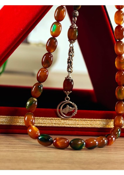 Ateş Kehribar Tesbih Usta Işçilik Yumurta Kesim Çam Reçinesinden Yapılma Orjinal Tesbih Sıkma Kehribar Tesbih