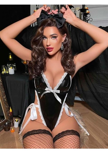 Siyah Dantel Işlemeli Ip Detaylı Fantezi Deri Body AX25722 fiyatları
