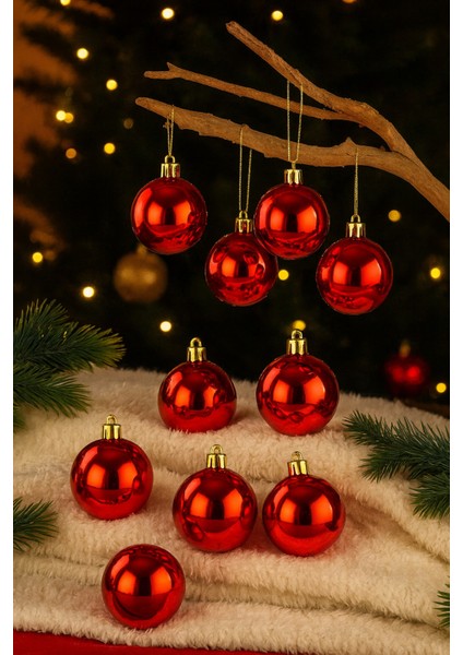 12’li Kırmızı Cici Top Yılbaşı Süsü Seti | 6 - 8 - 10 cm Seçenekli Parlak Çam Ağacı Topu Christmas