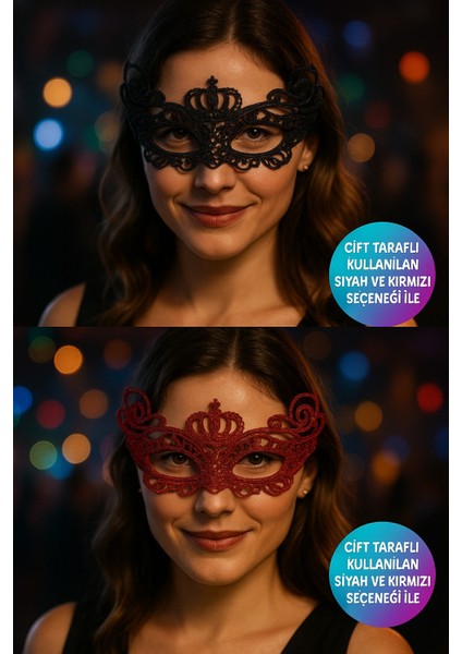 Çift Taraflı Dantelli Siyah Kırmızı Maske Parti Aksesuarı Şık Yüz Maskesi Model - 1