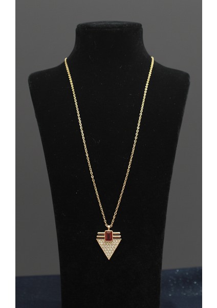 Altın Rengi Zirkon Taşlı ve Yakut Rengi Kare Taş Detaylı Geometrik Üçgen Kolye fırsatları