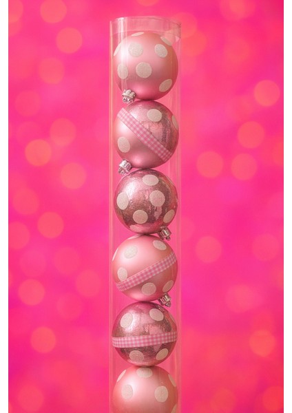 Pembe Yılbaşı Ağacı Süsleri – 6’lı Parlak & Mat Desenli Yılbaşı Topu Seti 6 cm Cici Top