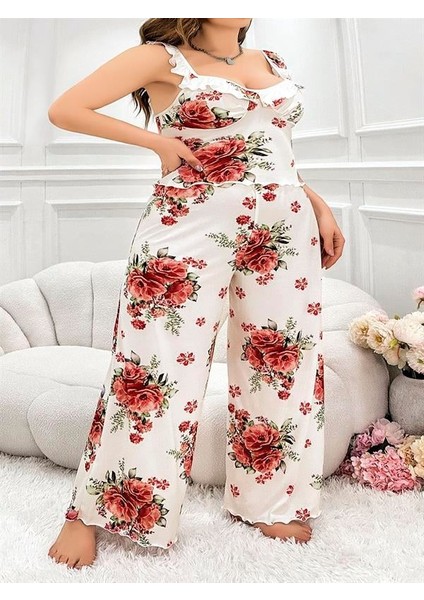 Büyük Beden Gül Desenli Ince Askılı Beyaz Salaş 2'li Takım AX25669