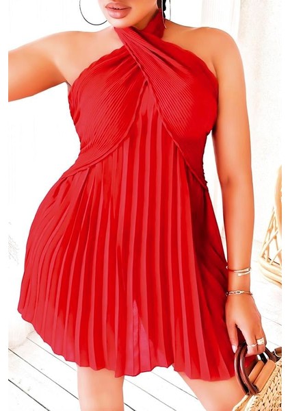 Büyük Beden Kırmızı Fırfırlı Boyundan Bağlamalı Gecelik AX25957