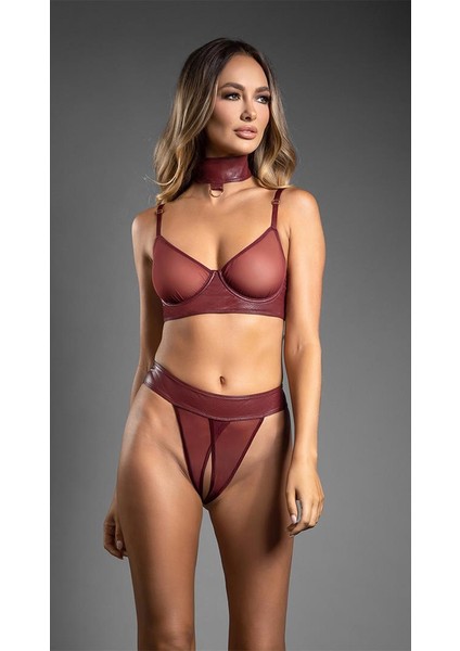 Bordo Tül Büstiyerli Özel Bölgesi Açık Kelepçeli Fantezi Deri Takım AX26894 fiyatları