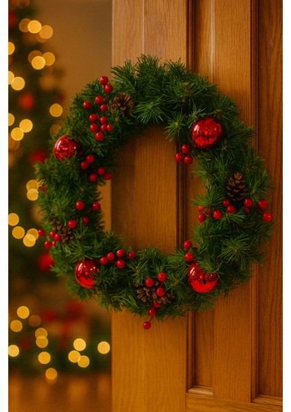 Yılbaşı Kapı Süsü Kapı Çelengi 30 x 30 cm Yılbaşı Kozalaklı Lüks Çelenk