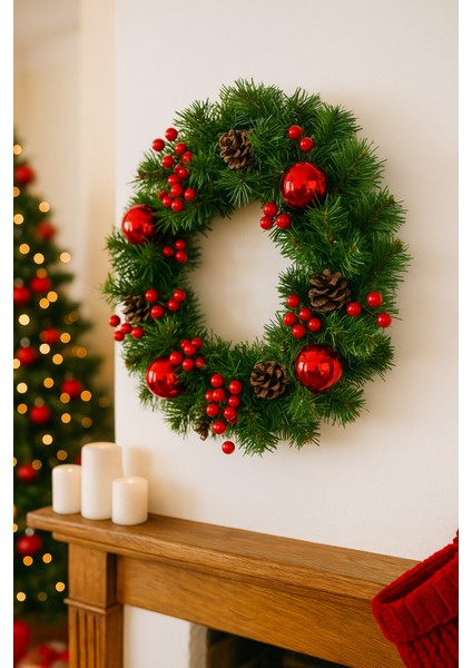 Yılbaşı Kapı Süsü Kapı Çelengi 30 x 30 cm Yılbaşı Kozalaklı Lüks Çelenk fiyatları