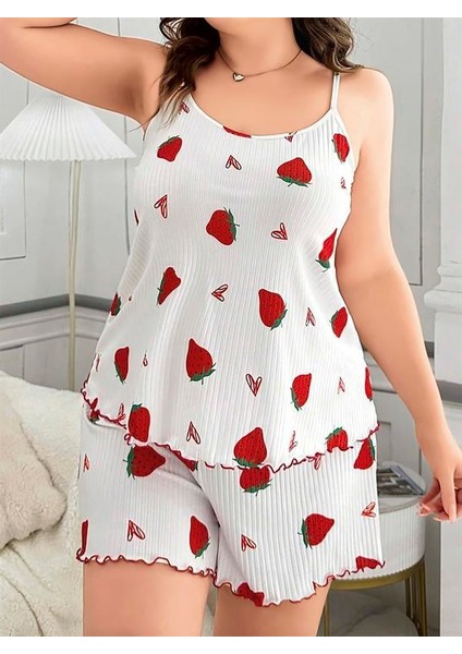 Büyük Beden Çilek Desen Pamuklu Şortlu Pijama Takımı AX25687 fiyatları
