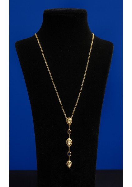 Altın Rengi Zirkon ve Lacivert Taş Detaylı Uzun Sallantılı Kolye